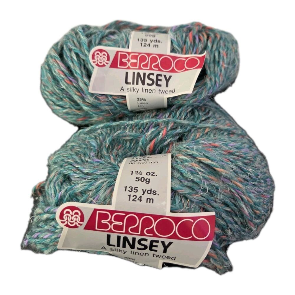 VTG Berroco Linsey Linen Tweed Yarn Lot 2 Skeins Teal Multi 50g 135yds
